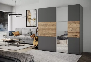 Schiebetürenschrank BASTIA LUX 200 cm mit Spiegel Kleiderschrank 2-türig Graphit Modern