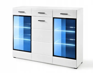 Kommode LAUREN 150 cm Weiß Hochglanz mit LED Beleuchtung Vitrine Sideboard modern