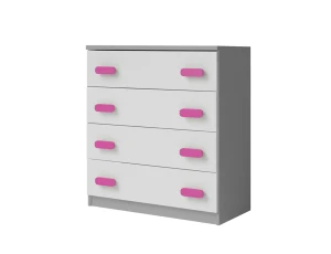 Kommode LUCKY 80 cm Grau Weiß mit 4 Schubladen Kinderzimmer Jugendzimmer Rosa Griffe