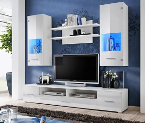 Möbelset 200 cm Weiß Hochglanz mit LED Beleuchtung Vitrine Wohnwand Wohnzimmer modern