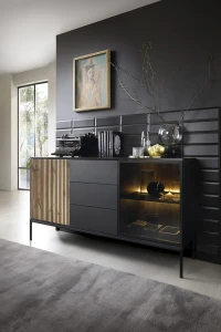 Kommode HALLE KSZ154 154 cm Eiche Wotan Schwarz mit LED Beleuchtung Push-to-Open modern